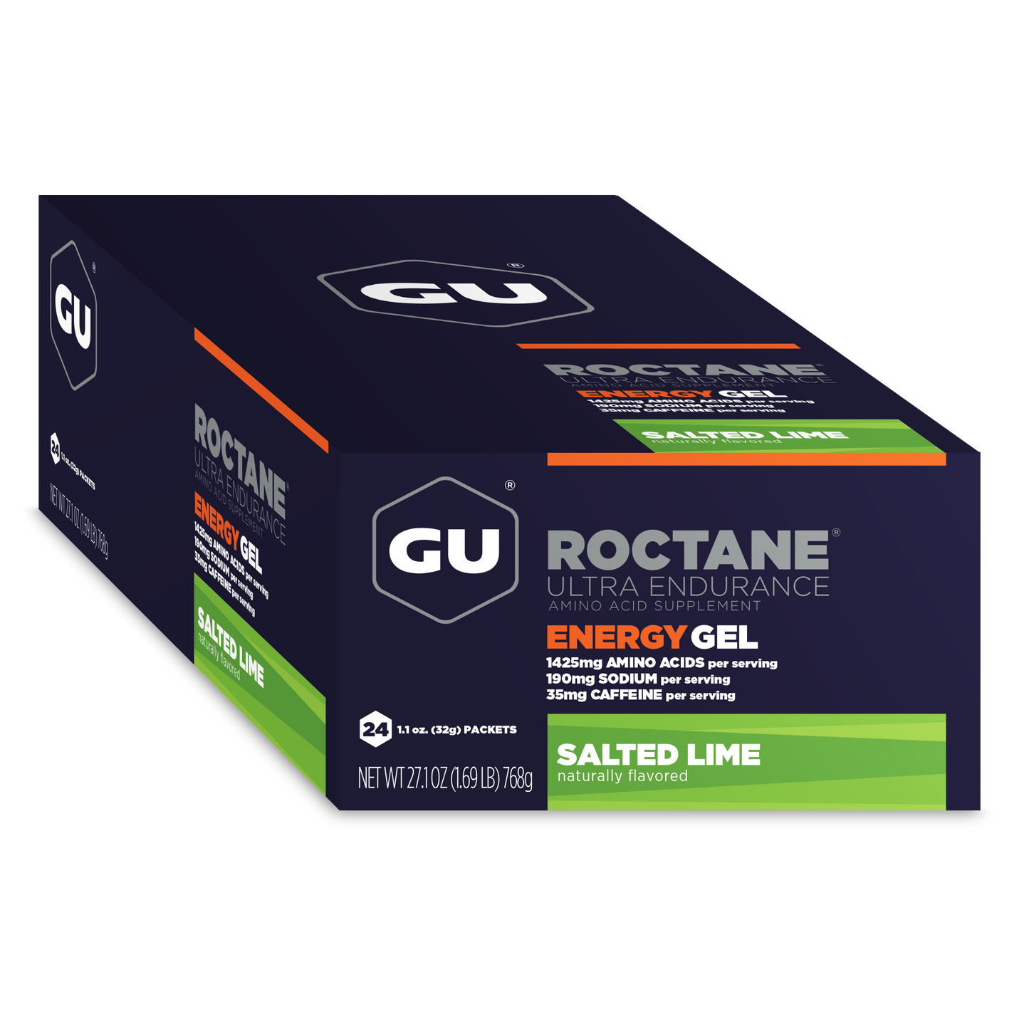 GU Roctane Ultra Endurance Energy Gel box containing 24 individual 1.1oz packs for athletes and endurance training.