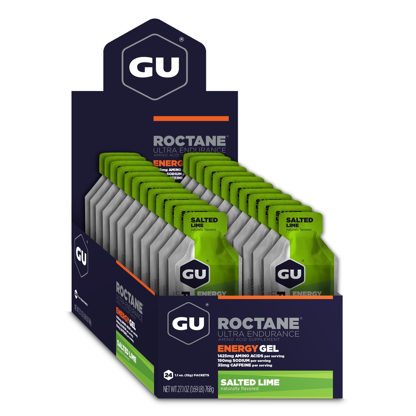Box of 24 GU Roctane Ultra Endurance Energy Gels in 1.1oz packs, designed for sustained energy during long-distance activities.