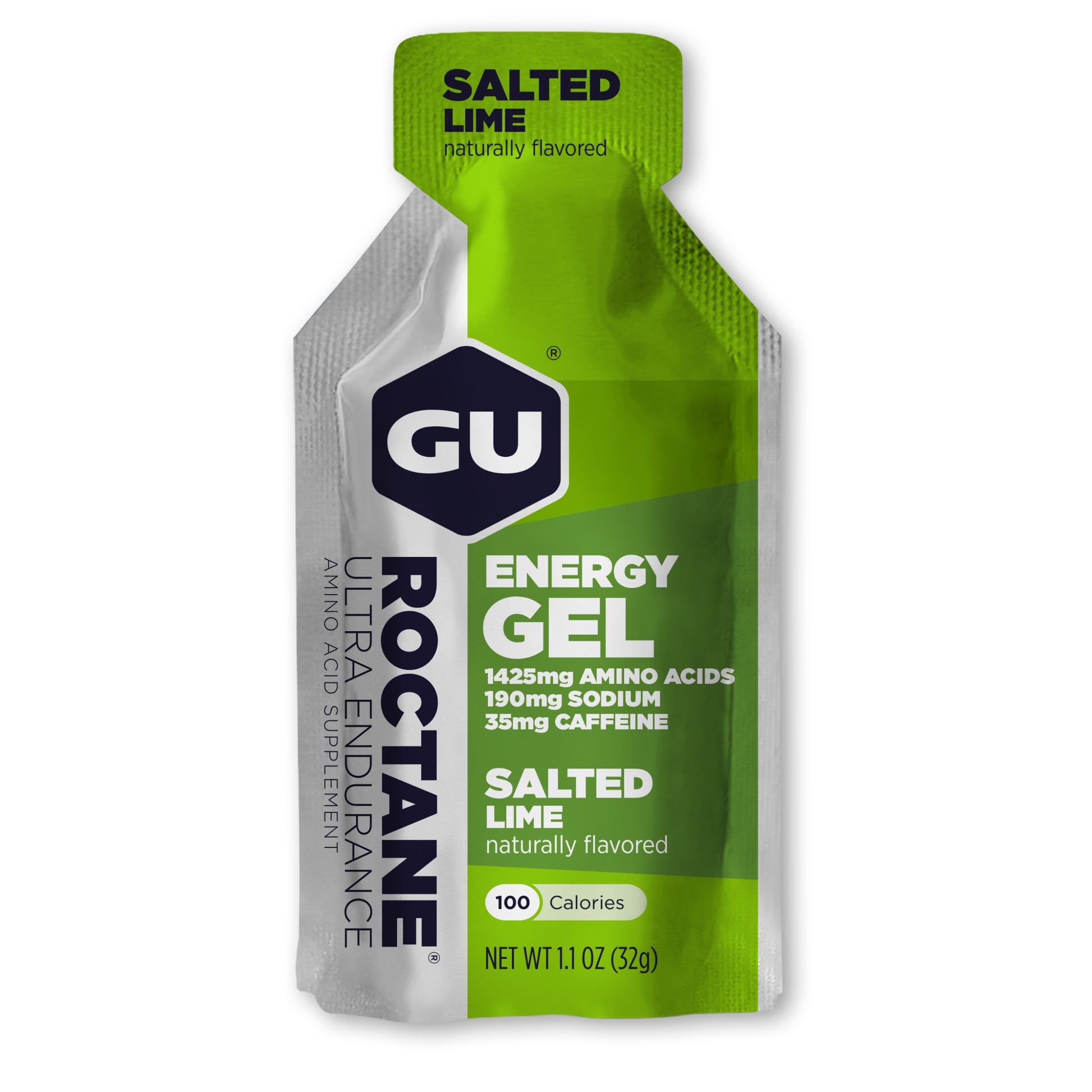 Box of 24 GU Roctane Ultra Endurance Energy Gel packs, 1.1oz each, designed for sustained energy during sports and long-distance running.