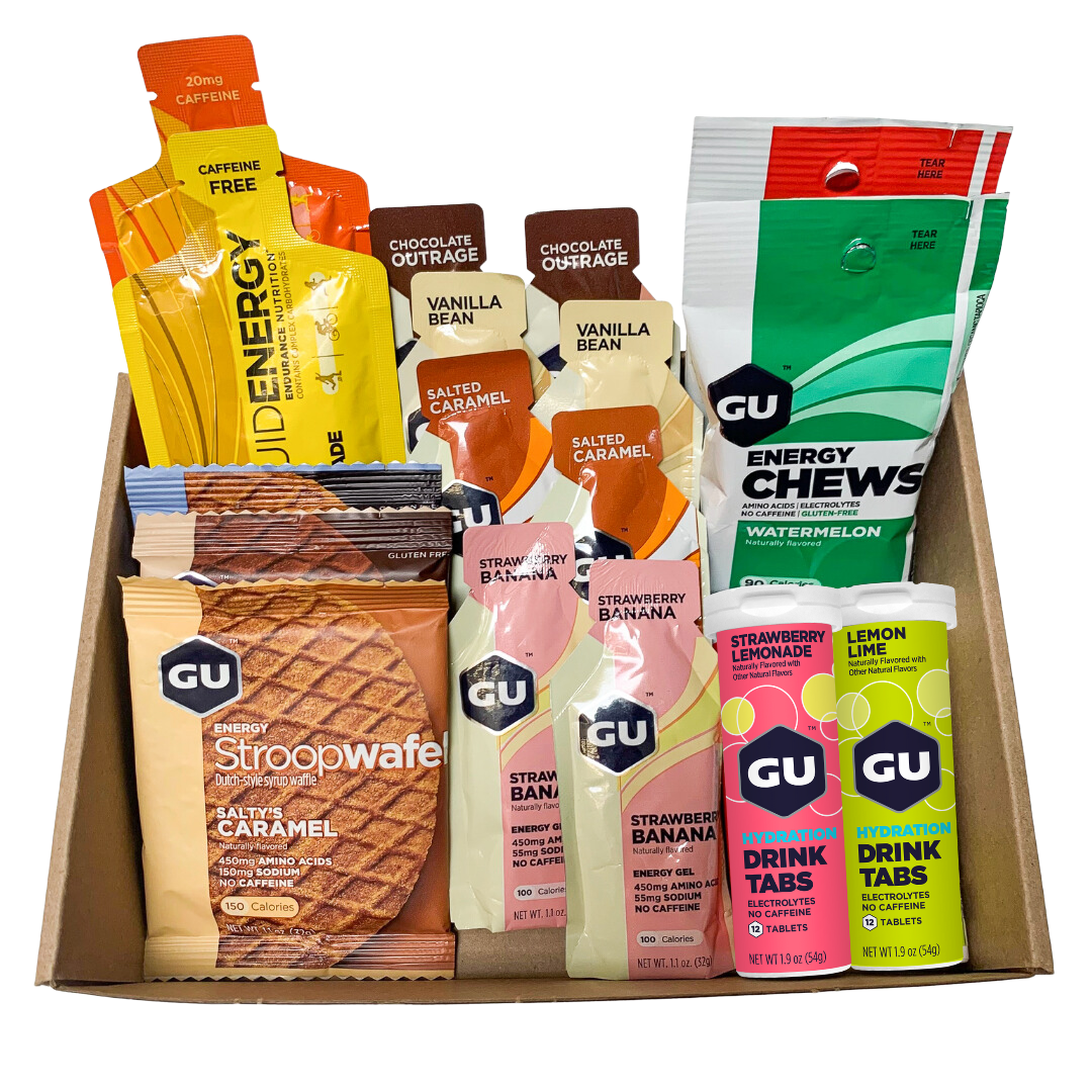 Assorted GU Energy Gel Variety Pack in colorful individual packets, designed for quick energy boosts during activity.