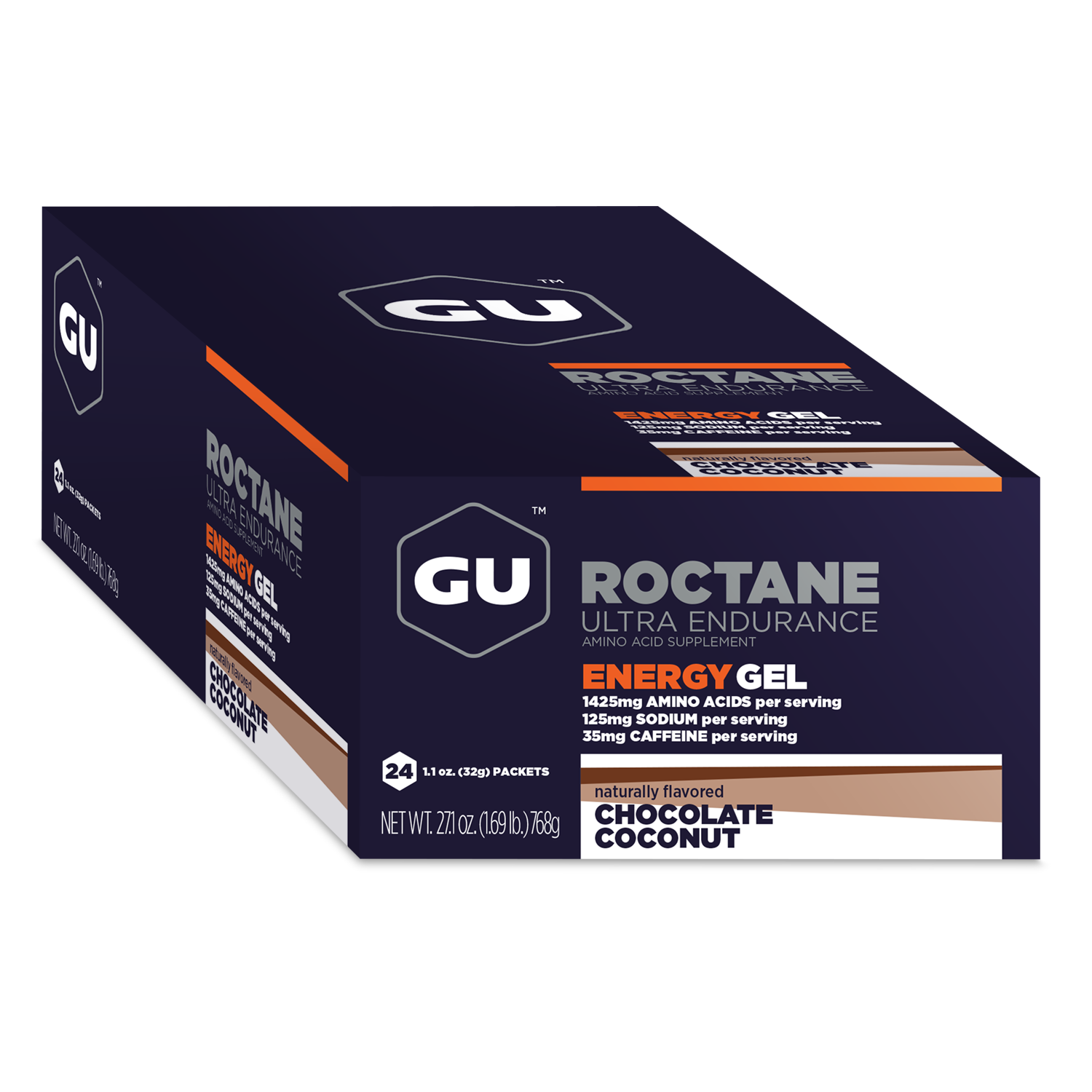 GU Energy Roctane Ultra Endurance Energy Gel packets, vegan, gluten-free, kosher, dairy-free sports nutrition for running and biking.