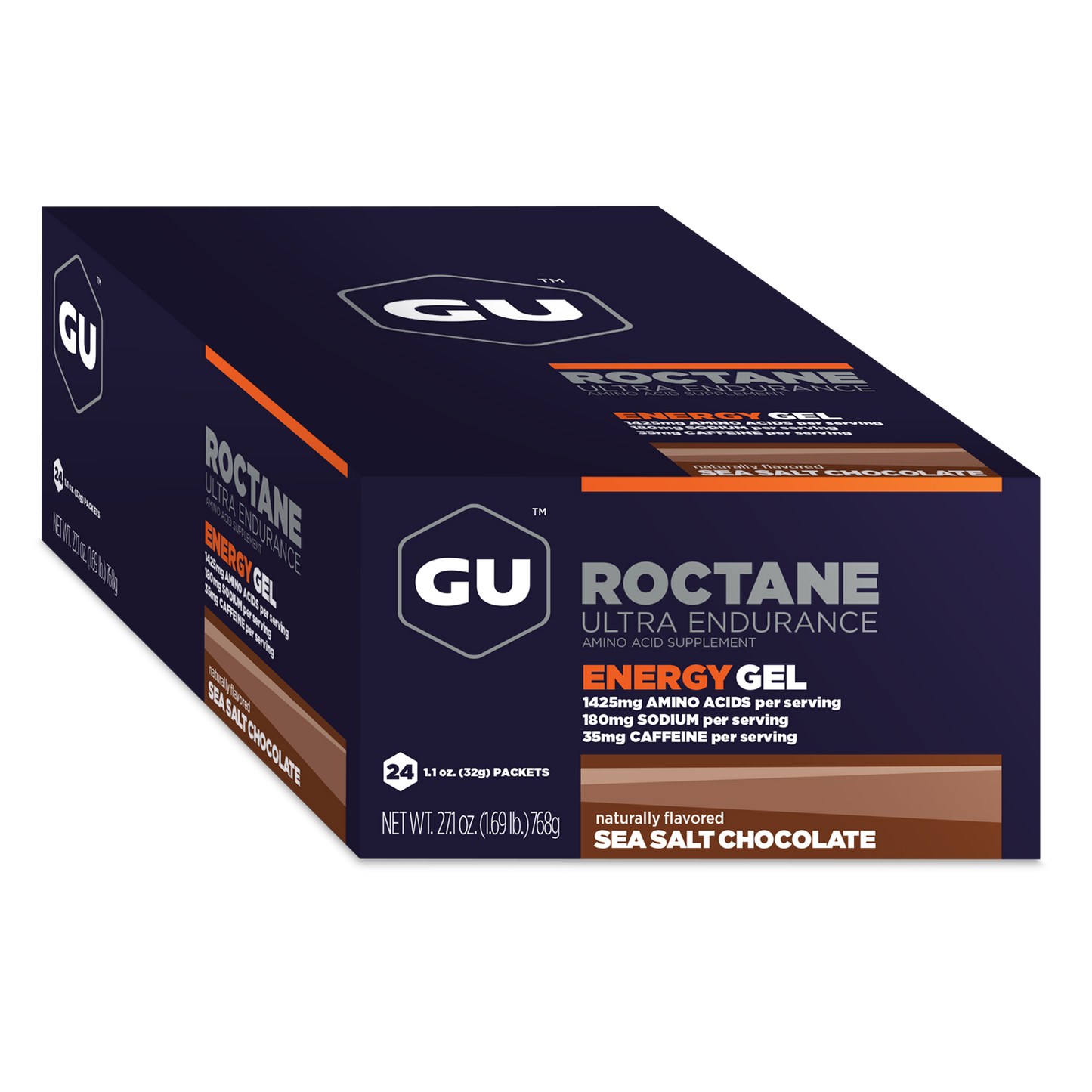 GU Energy Roctane Ultra Endurance Energy Gel packets, vegan, gluten-free, kosher, dairy-free sports nutrition for running and biking.