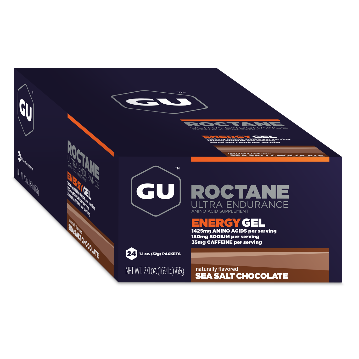 GU Energy Roctane Ultra Endurance Energy Gel packets, vegan, gluten-free, kosher, dairy-free sports nutrition for running and biking.