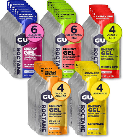GU Energy Roctane Ultra Endurance Energy Gel packets, vegan, gluten-free, kosher, dairy-free, ideal for running, biking, hiking, skiing.