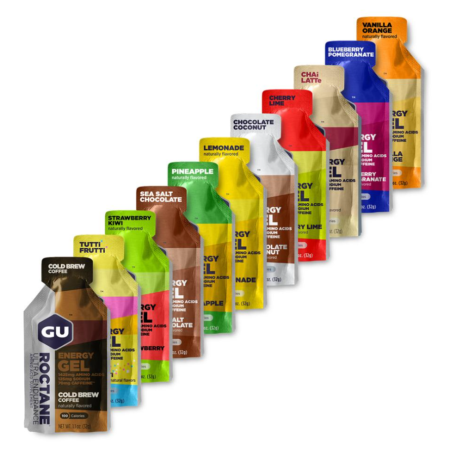 Gu Energy Roctane Ultra Endurance Energy Gel packets, vegan, gluten-free, kosher, dairy-free sports nutrition for running and biking.