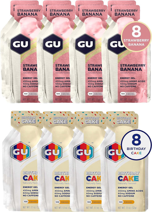 GU Energy Original Sports Nutrition Variety Pack with 8 Strawberry Banana and 8 Birthday Cake energy gel packets, 16 total.