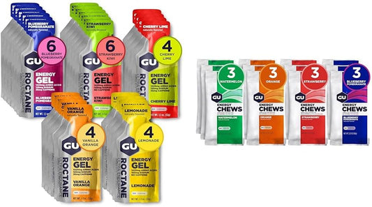 GU Energy Labs Roctane Ultra Endurance Gel and Energy Chews Bundle, showing 24 gels and 12 bags of chews in assorted flavors.