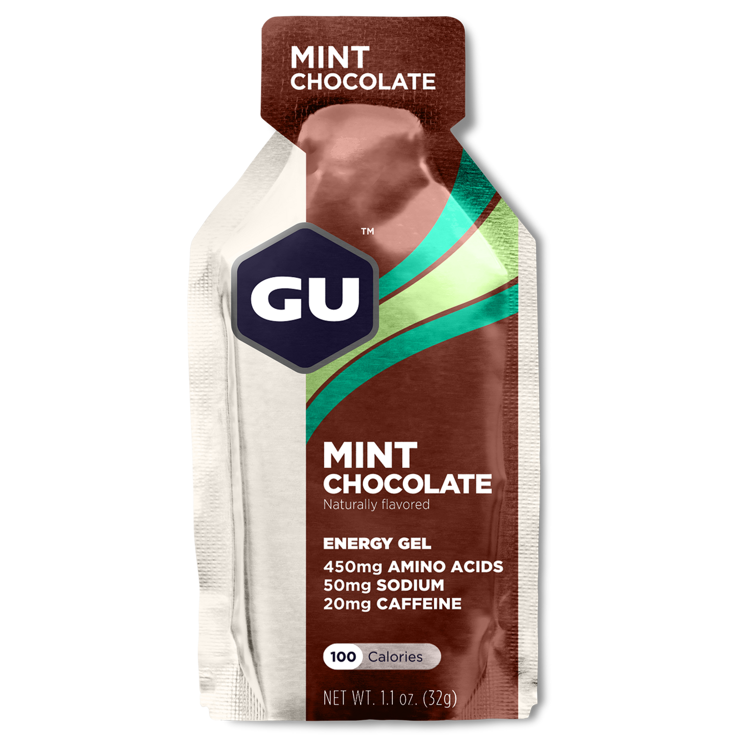 GU Energy Labs Original Sports Nutrition Energy Gel in Mint Chocolate flavor, single pack view, 24-count box.