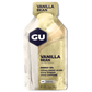 GU Energy Original Sports Nutrition Energy Gel in Vanilla Bean flavor, 24-pack with individual gel packets displayed.