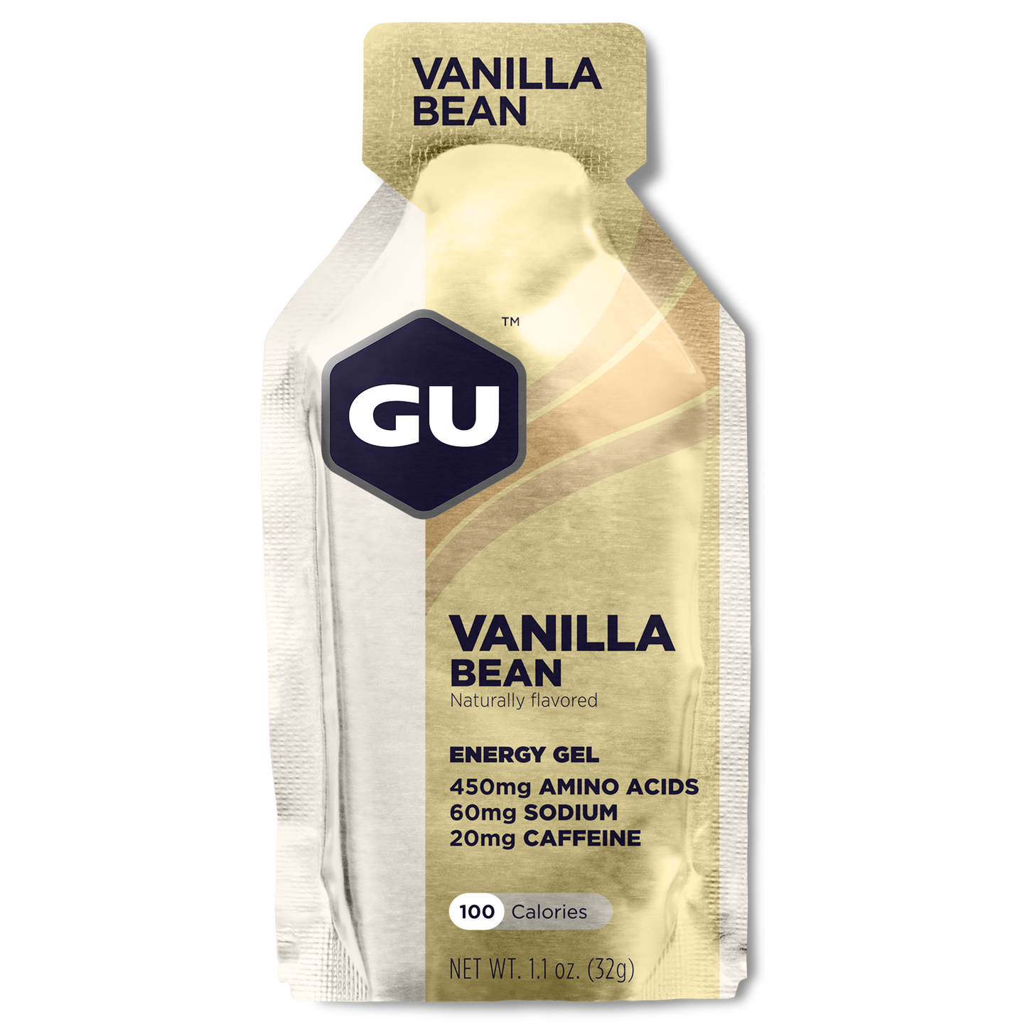 GU Energy Original Sports Nutrition Energy Gel in Vanilla Bean flavor, 24-pack with individual gel packets displayed.