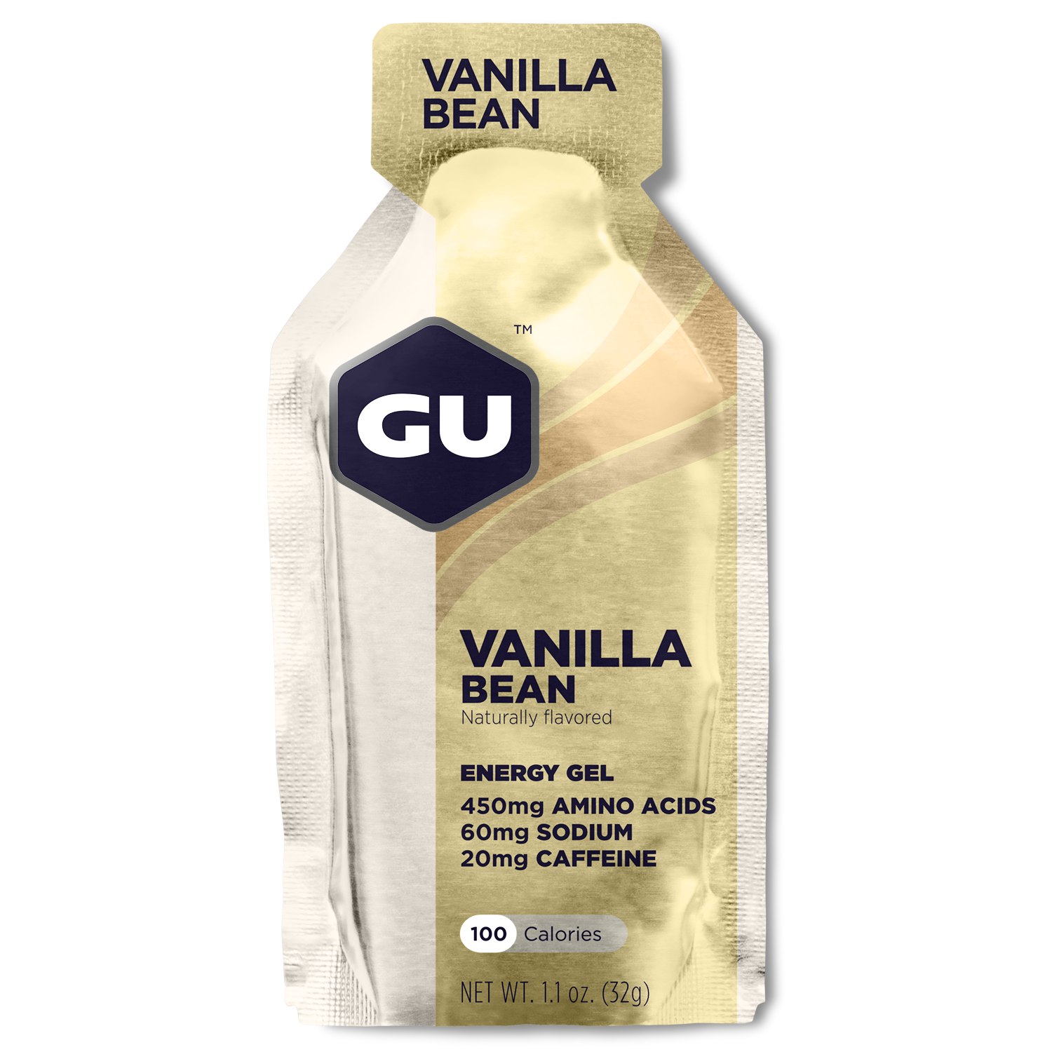 GU Energy Original Sports Nutrition Energy Gel in Vanilla Bean flavor, 24-pack with individual gel packets displayed.