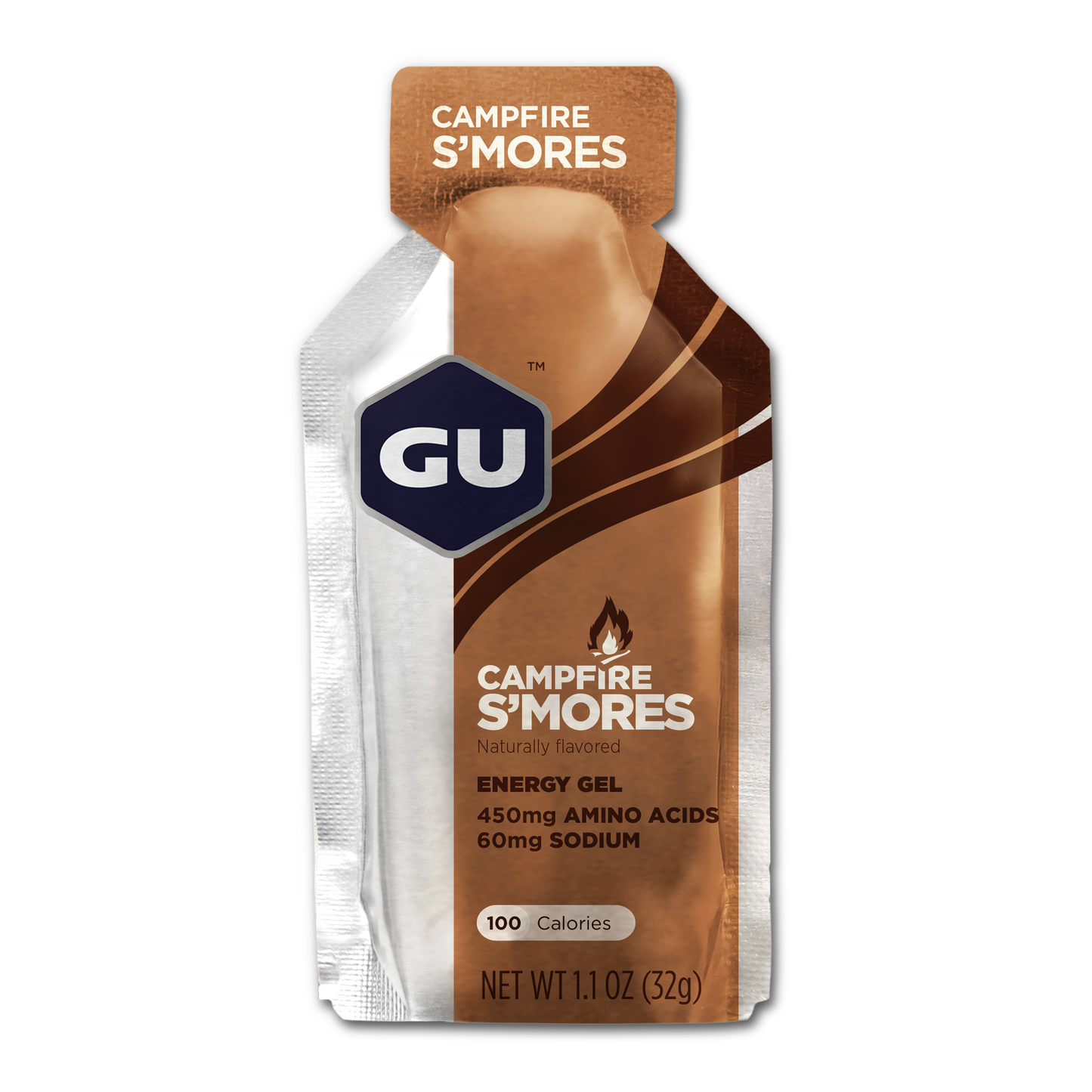GU Energy Original Sports Nutrition Energy Gel in Campfire S'mores flavor, featuring a single packet for energy on the go.