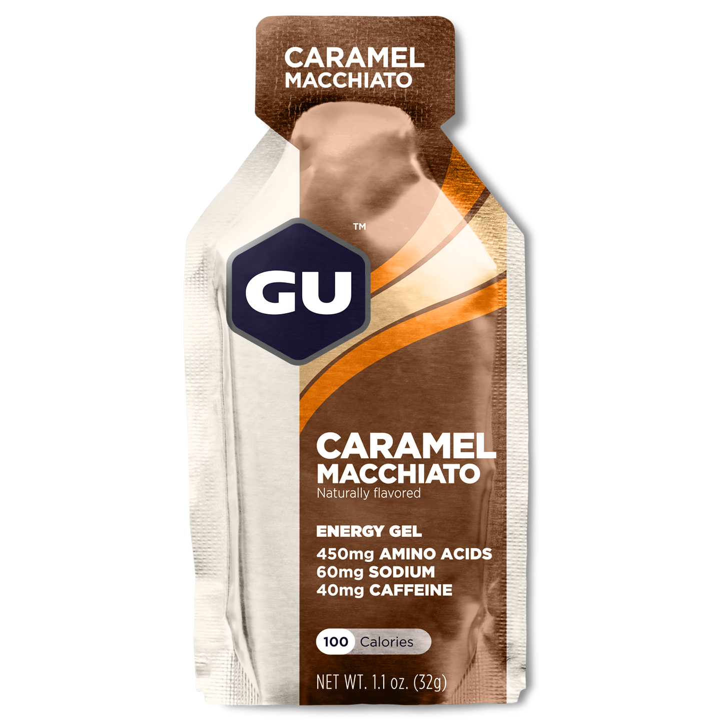 GU Energy Original Sports Nutrition Energy Gel in Caramel Macchiato flavor, 24-count packaging displayed on a white background.