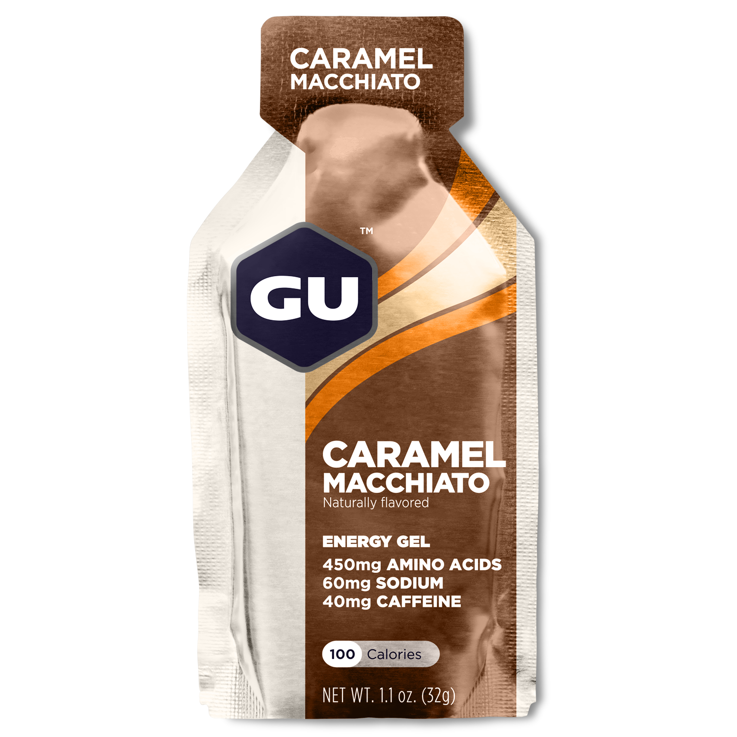 GU Energy Original Sports Nutrition Energy Gel in Caramel Macchiato flavor, 24-count packaging displayed on a white background.