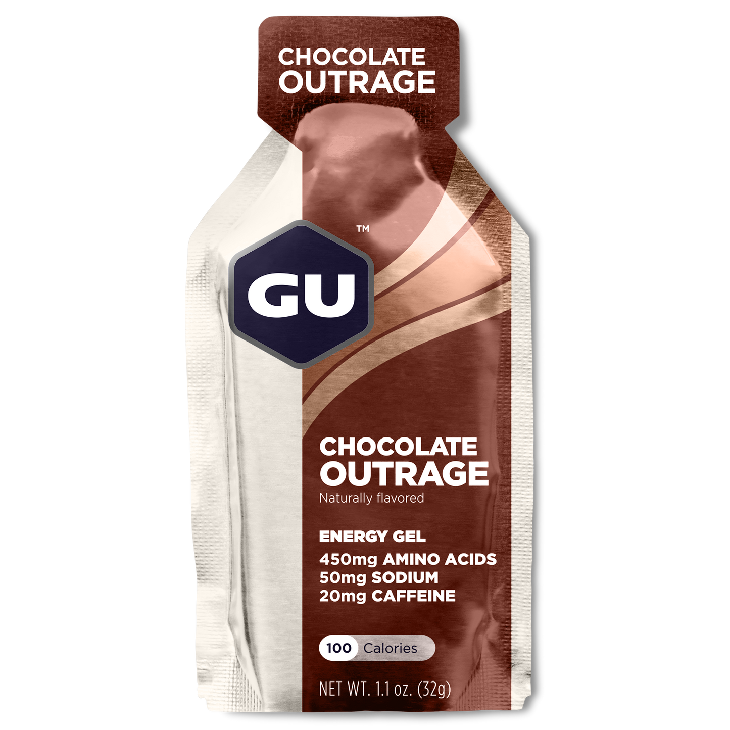 GU Energy Original Sports Nutrition Energy Gel in chocolate flavor, 24-count pack displayed on a neutral background.