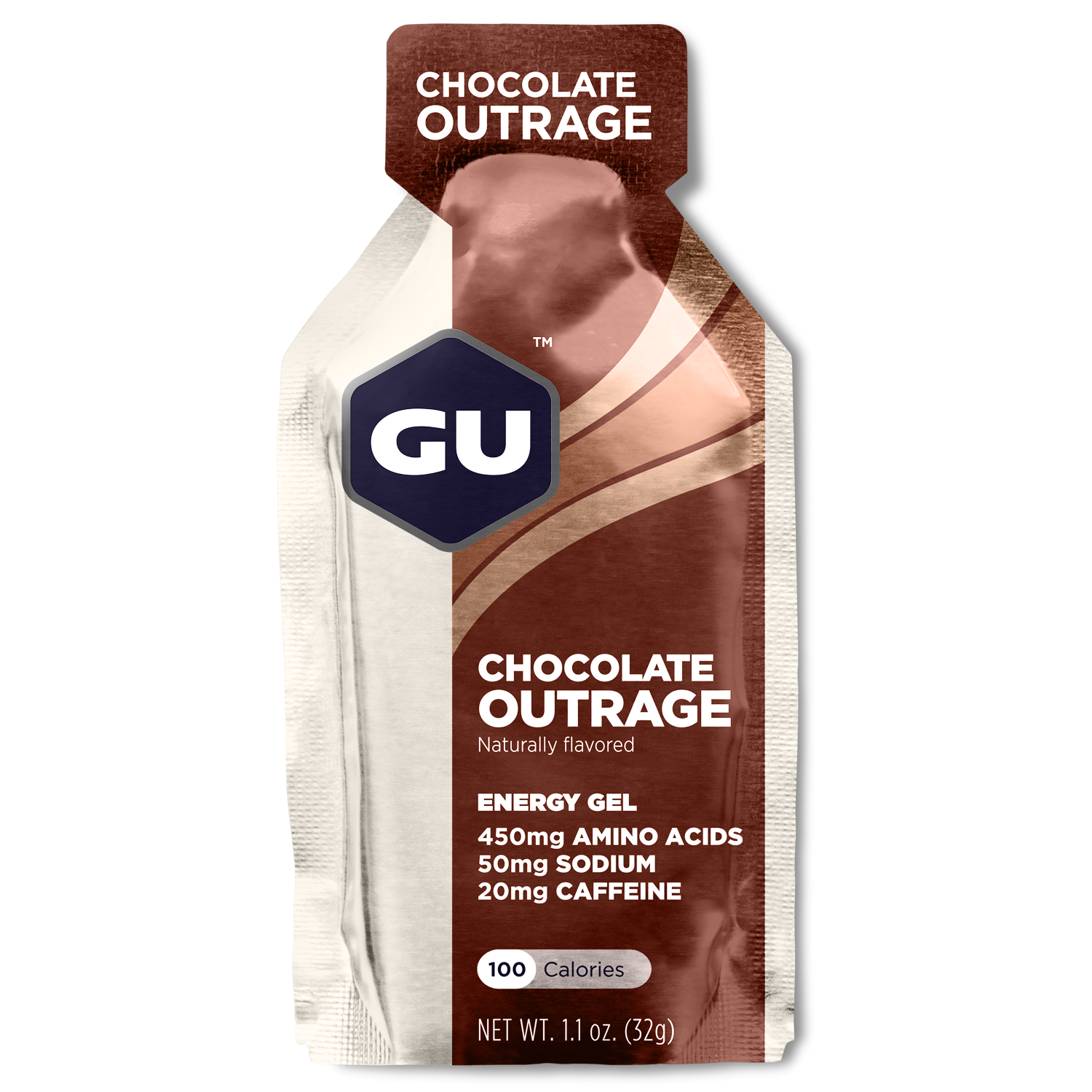 GU Energy Original Sports Nutrition Energy Gel in chocolate flavor, 24-count pack displayed on a neutral background.