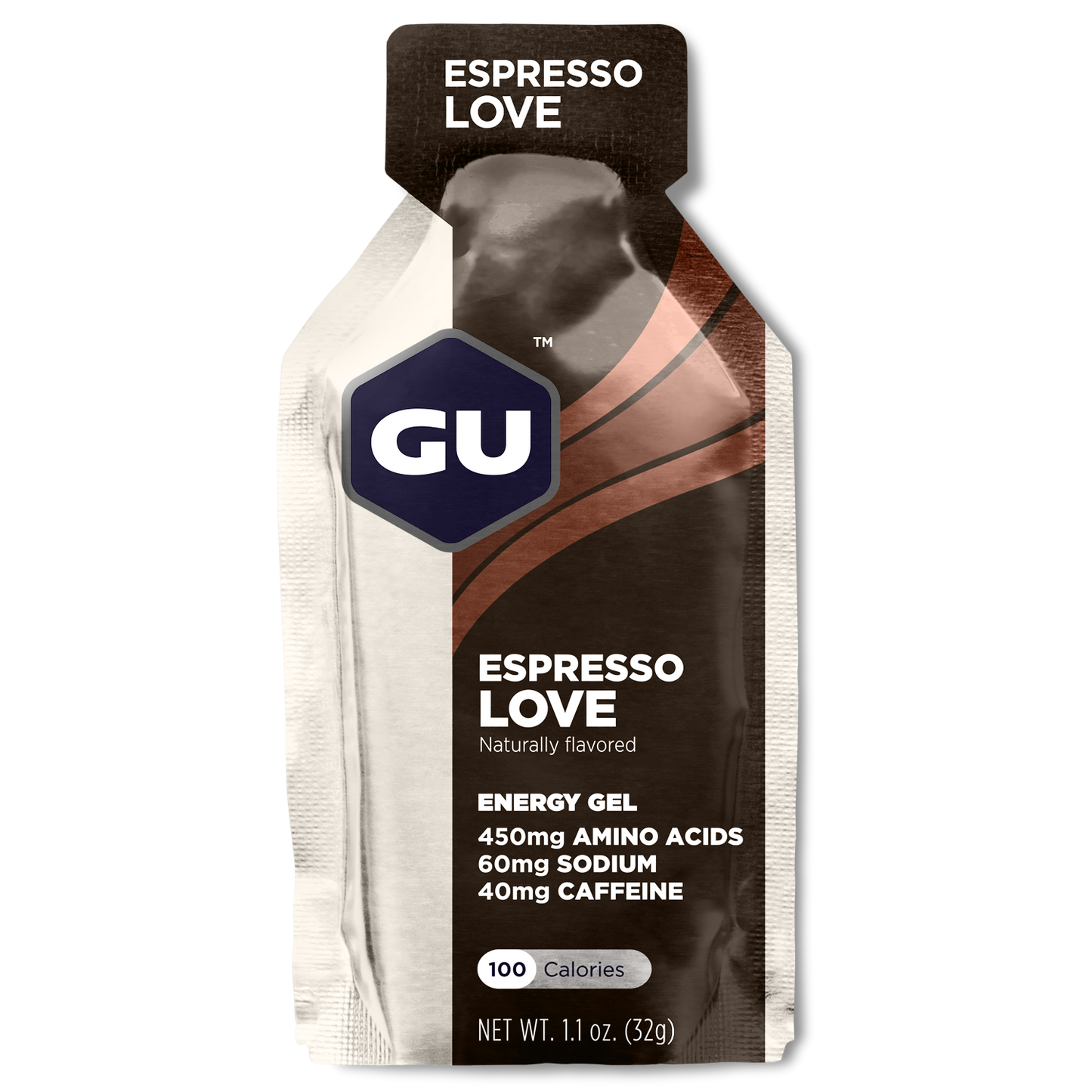 GU Energy Original Sports Nutrition Energy Gel in Espresso Love flavor, showcasing a single gel packet against a neutral background.