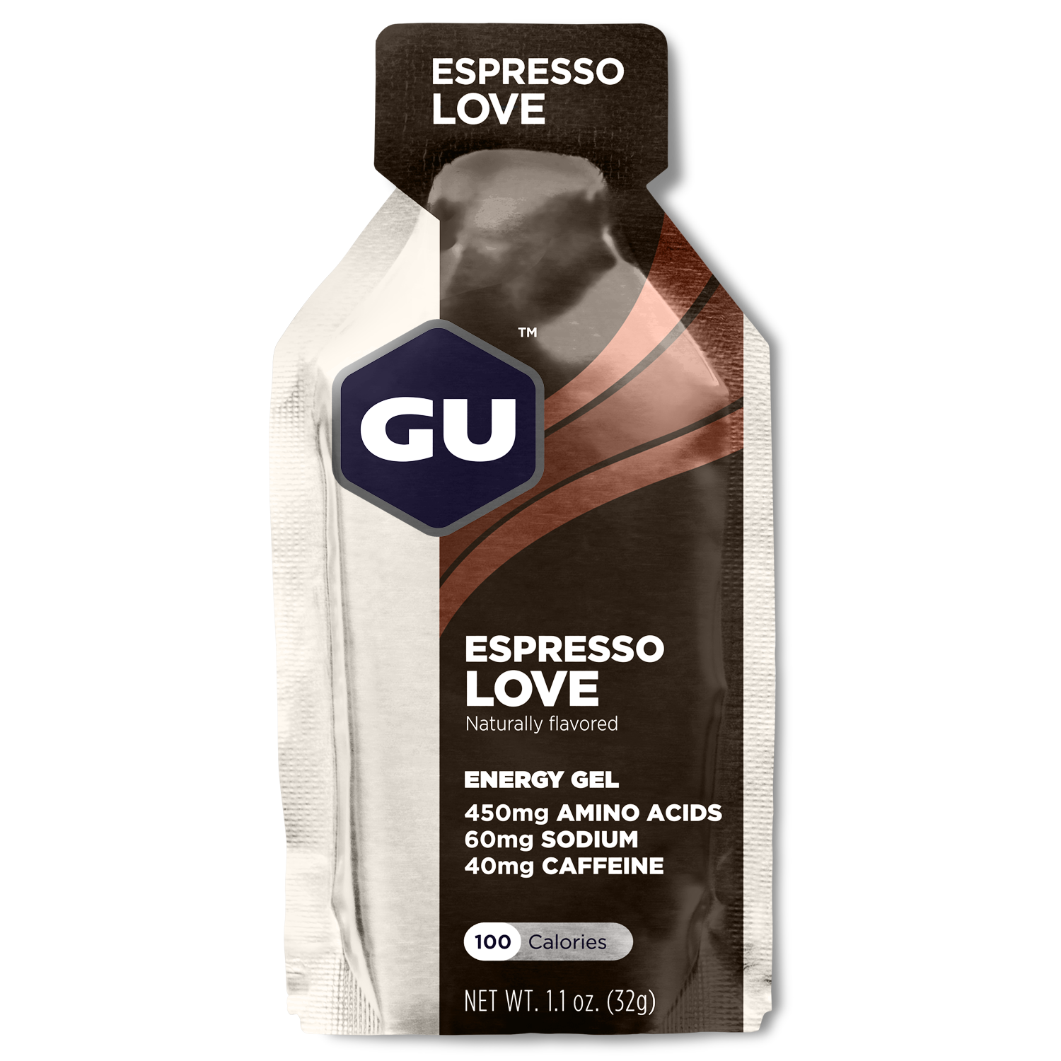 GU Energy Original Sports Nutrition Energy Gel in Espresso Love flavor, showcasing a single gel packet against a neutral background.
