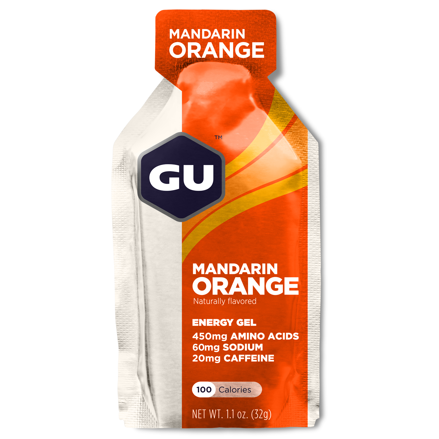 GU Energy Original Sports Nutrition Energy Gel in Mandarin Orange flavor, 24-count pack displayed on a white background.