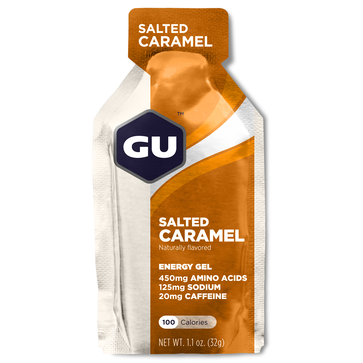 GU Energy Original Sports Nutrition Energy Gel in Salted Caramel flavor, 24-count package on a white background.