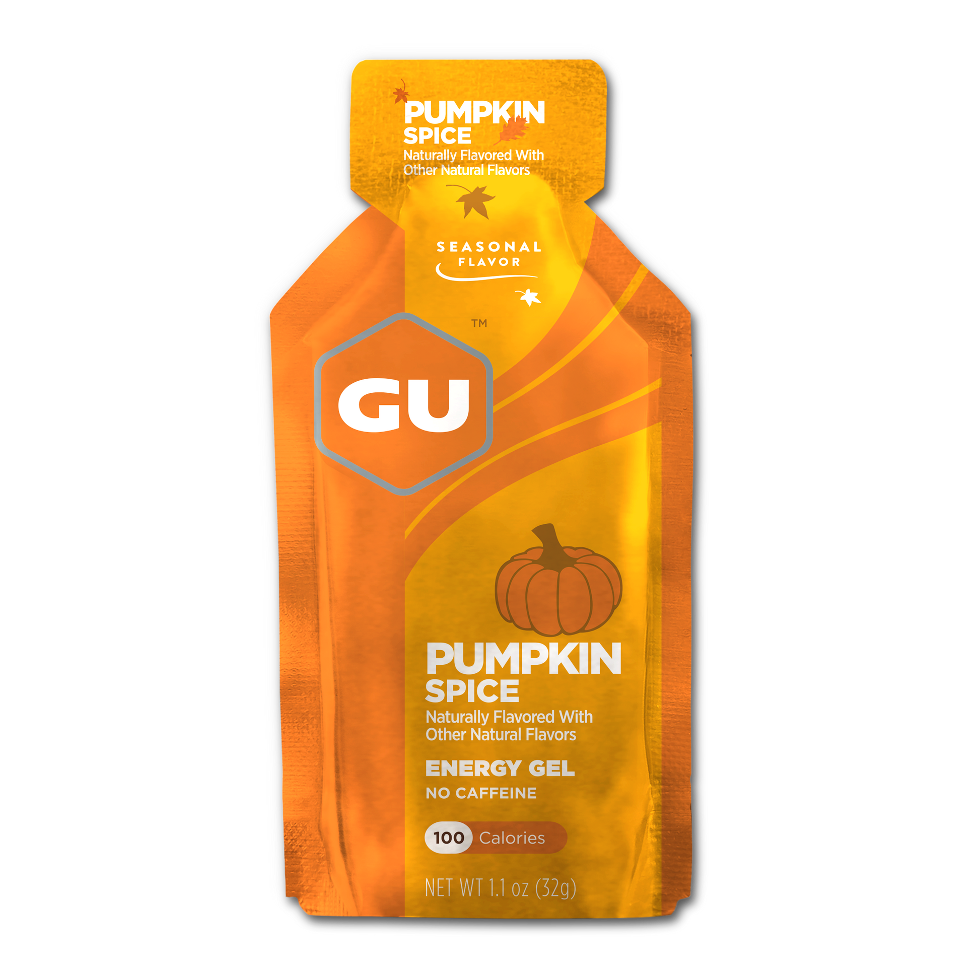 GU Energy Original Sports Nutrition Energy Gel in pumpkin spice flavor, 24-count packaging displayed on a neutral background.