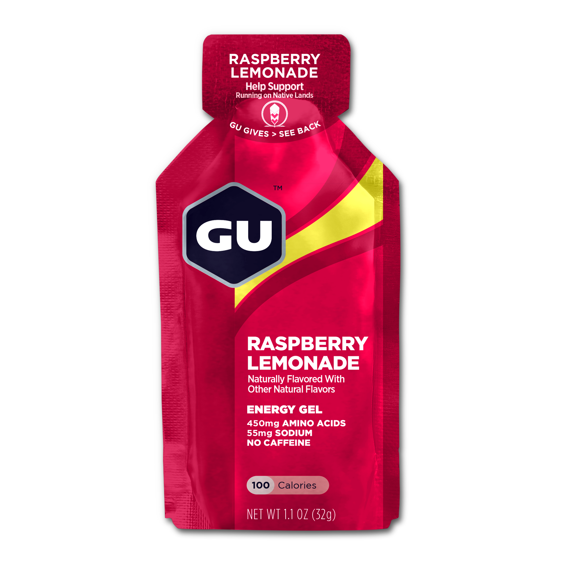 GU Energy Original Sports Nutrition Energy Gel in Raspberry Lemonade flavor, 24-count packaging on a white background.