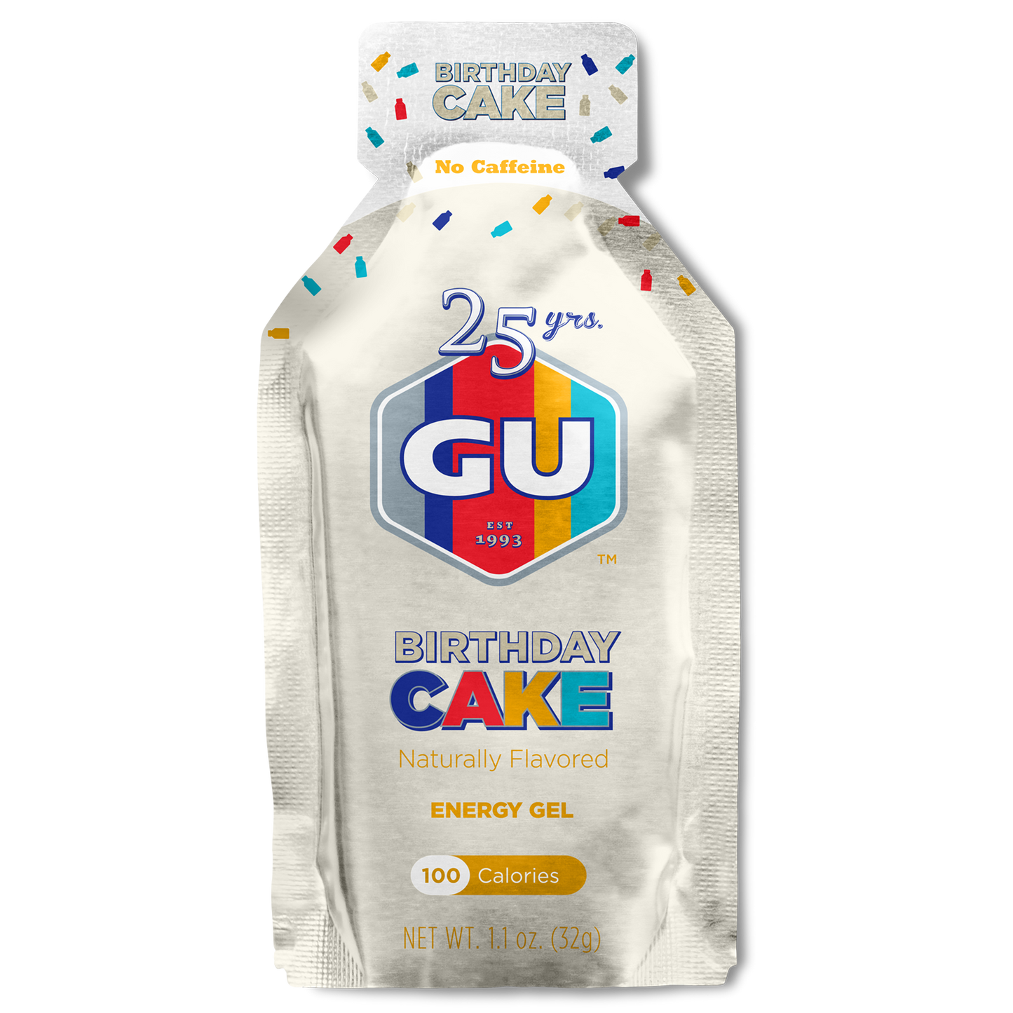 GU Energy Original Sports Nutrition Energy Gel in Birthday Cake flavor, 24-count pack on a white background.