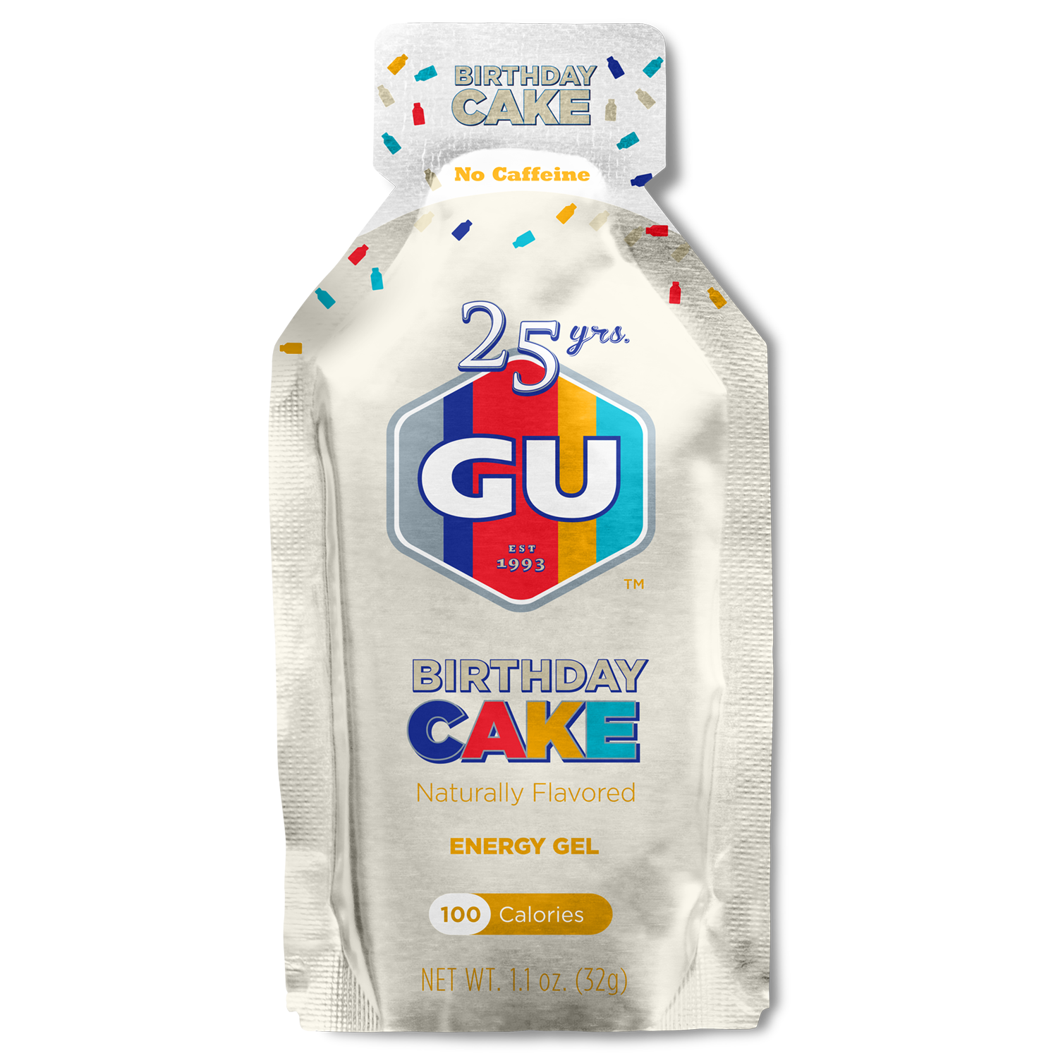 GU Energy Original Sports Nutrition Energy Gel in Birthday Cake flavor, 24-count pack on a white background.