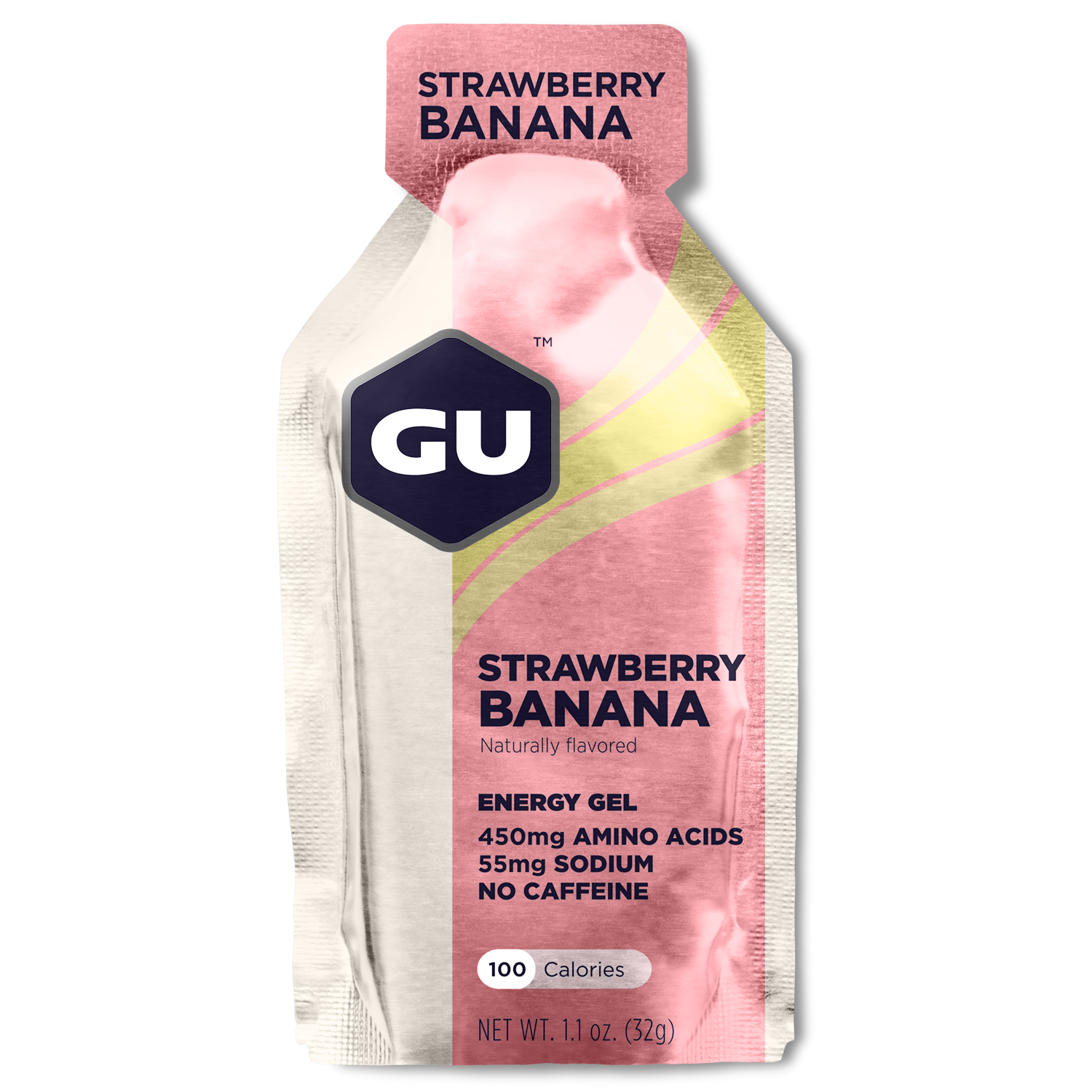 GU Energy Original Sports Nutrition Energy Gel in Strawberry Banana flavor, 24-count packaging.