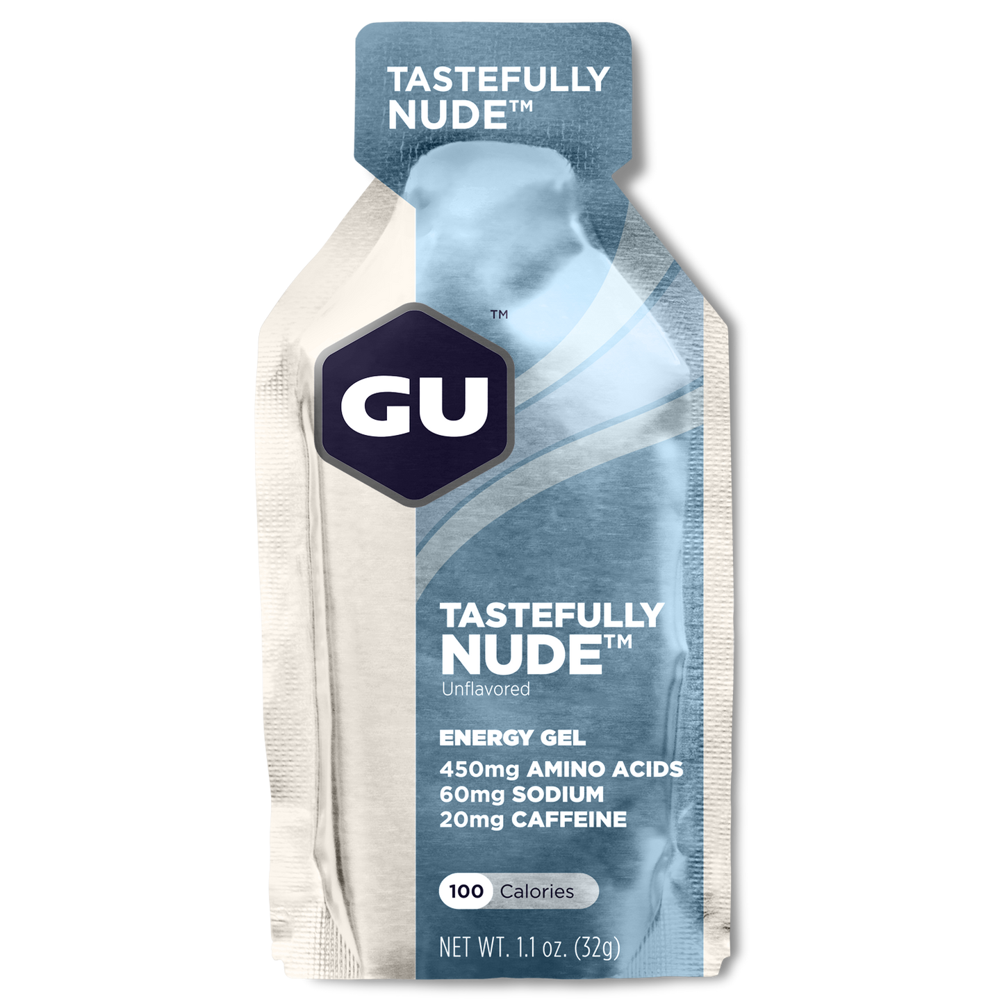 GU Energy Original Sports Nutrition Energy Gel packets in Tastefully Nude flavor, 24-count box displayed on a white background.