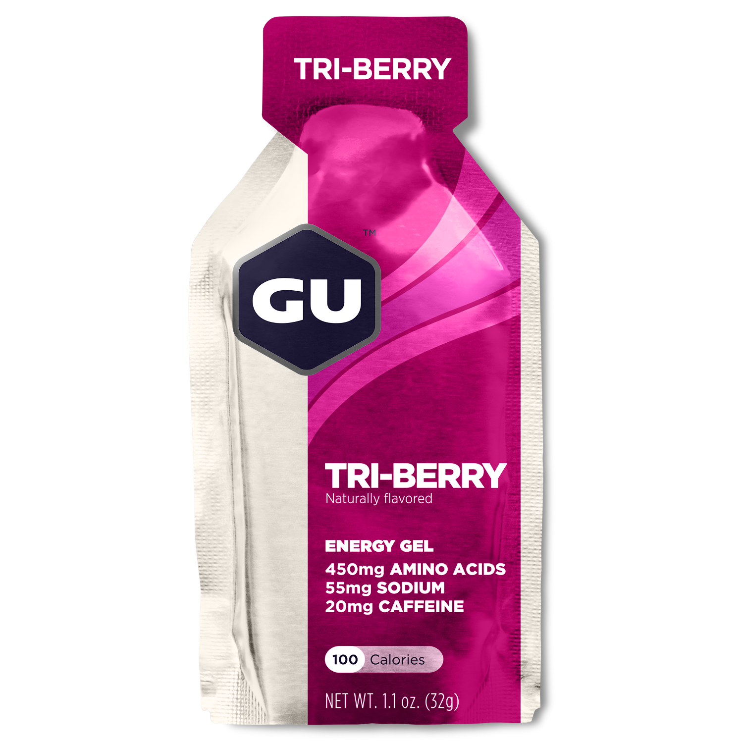 GU Energy Original Sports Nutrition Energy Gel in Tri-berry flavor, 24-count packaging, featuring vibrant gel packets.
