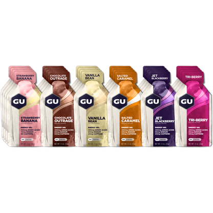 GU Energy Original Sports Nutrition Energy Gel in a 24-count box, featuring classic mixed flavors and easy-to-use packaging.