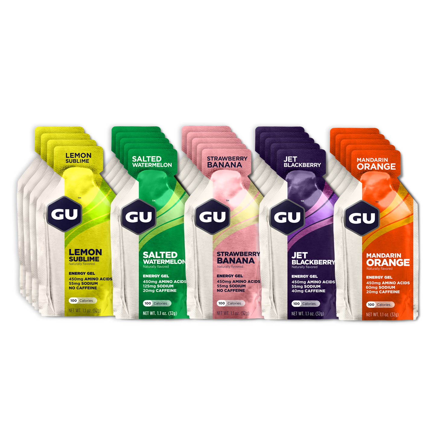 GU Energy Original Sports Nutrition Energy Gel 24-count box featuring assorted fruity flavors and easy-to-open packaging.