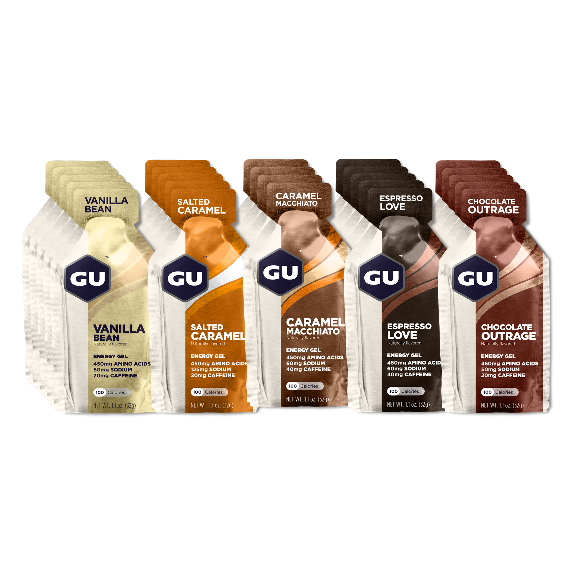 GU Energy Labs Original Sports Nutrition Energy Gel 24-count box featuring a variety of flavors in a mixed assortment.