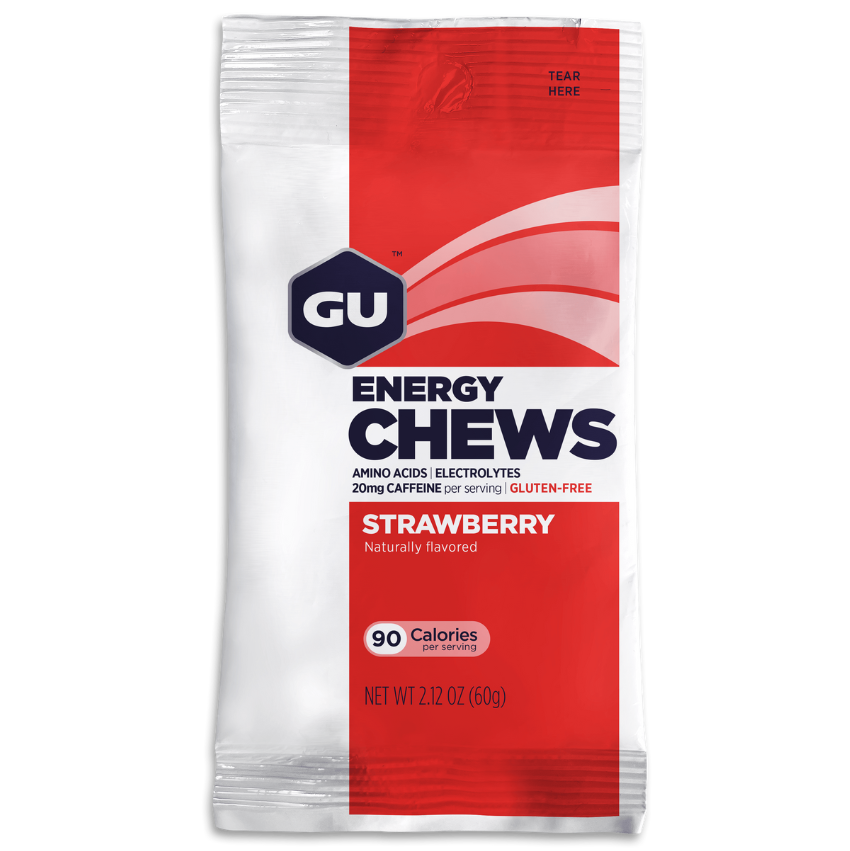 GU Energy Labs energy chews with electrolytes, vegan, gluten-free, dairy-free, on-the-go workout gummies in a 12-pack.