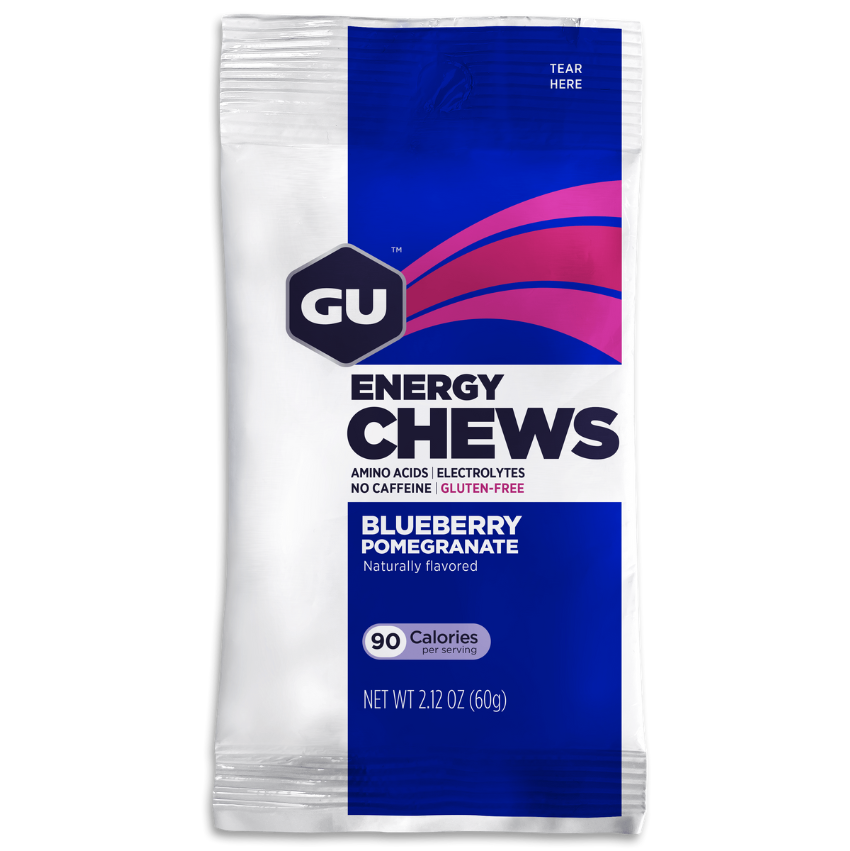GU Energy Labs energy chews with electrolytes, vegan and gluten-free, in 12 colorful bags for on-the-go workout energy.
