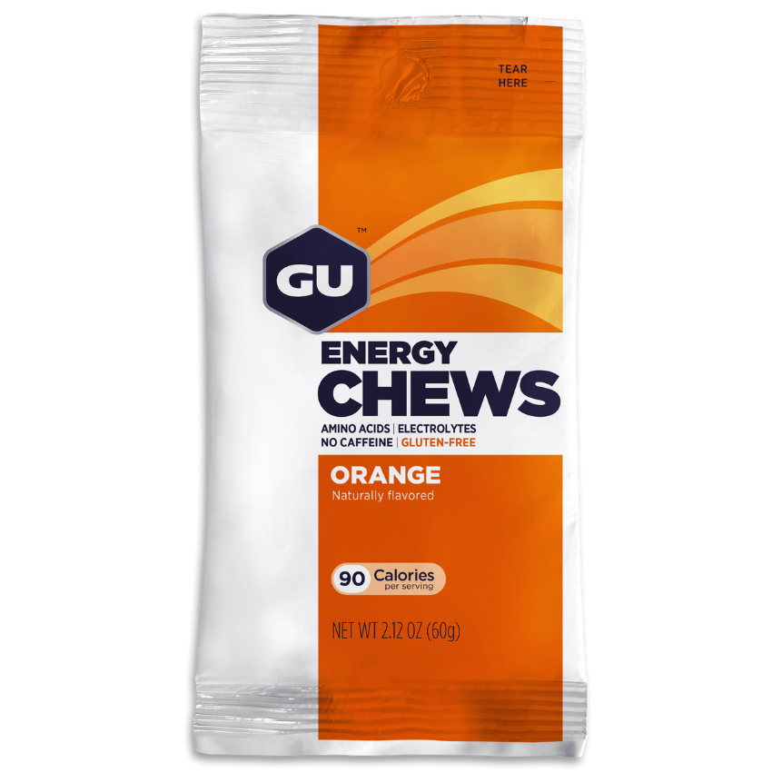 GU Energy Labs chews with electrolytes, vegan, gluten-free, dairy-free, on-the-go energy gummies in 12 packs, ideal for workouts.