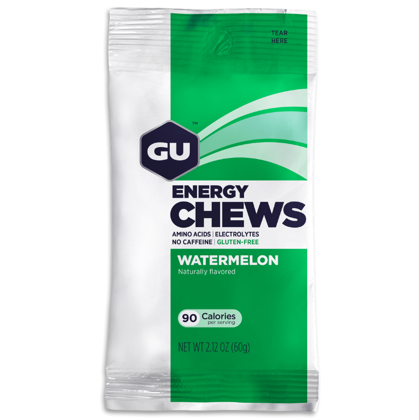 GU Energy Chews with electrolytes, vegan, gluten-free, kosher, dairy-free, on-the-go energy gummies in 12 colorful bags for workouts.