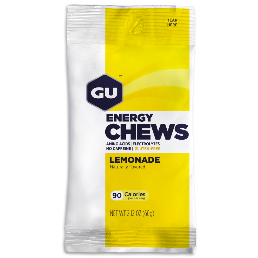 GU Energy Chews with electrolytes, vegan, gluten-free, dairy-free gummies in 12-pack for on-the-go workout energy, variety flavors.