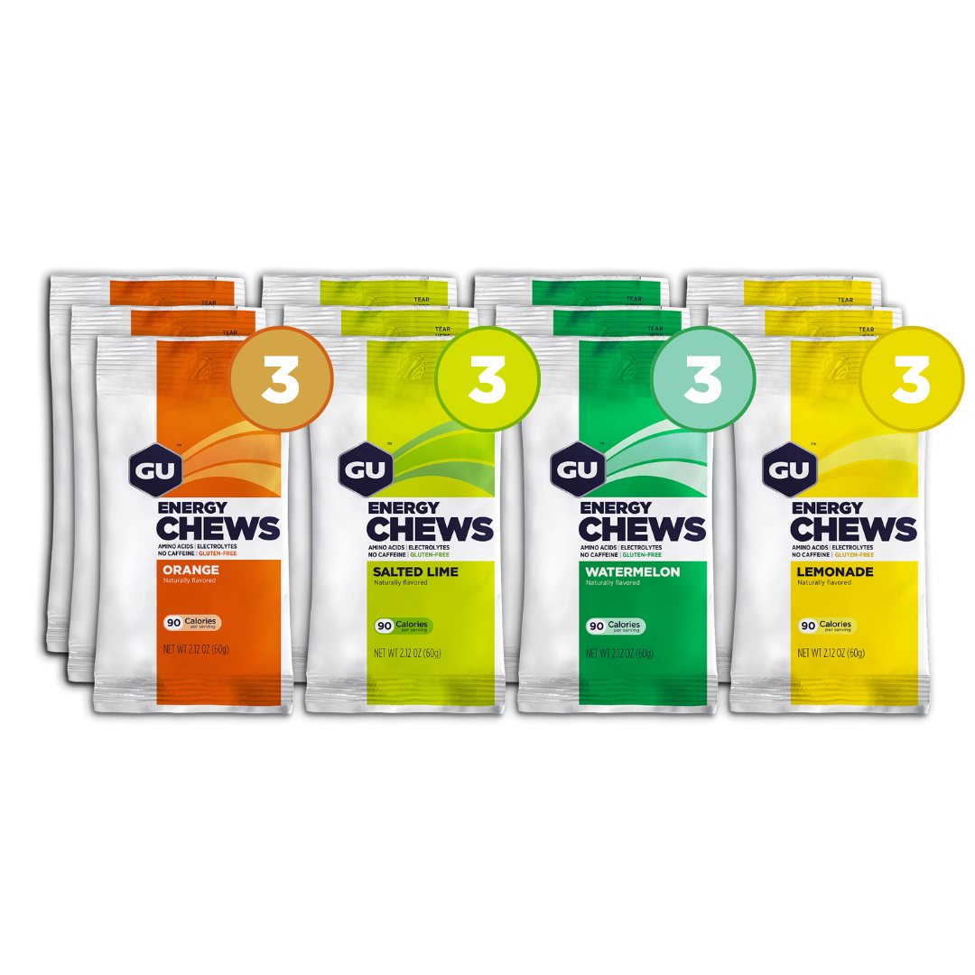 GU Energy Chews gummies with electrolytes, vegan and gluten-free, in 12 packs, ideal for on-the-go energy during workouts.
