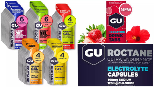 GU Energy Roctane Energy Gel Variety Pack with free Roctane capsules and hydration tabs, sports supplement for endurance and energy.