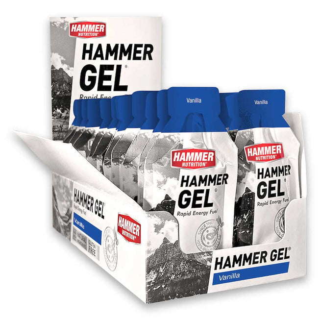 Hammer Nutrition Vanilla Energy Gel, premium carbohydrate gel in a 24-pack box for quick energy during exercise.