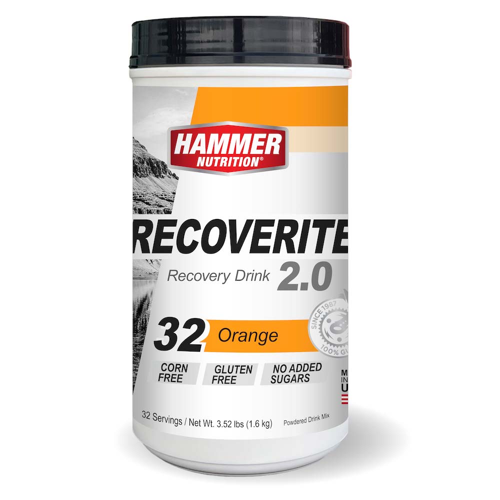 Hammer Nutrition Recoverite advanced muscle recovery drink in orange flavor, post-exercise formula for muscle repair and recovery.