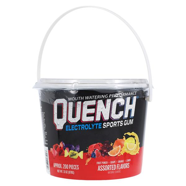Assorted Quench Electrolyte Sports Gum from Mueller Sports Medicine in a 200-piece bucket, featuring fruit punch, grape, orange, and lemon flavors.