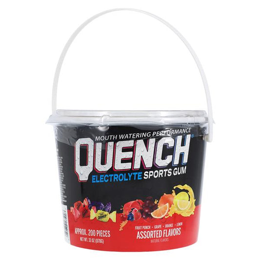 Assorted Quench Electrolyte Sports Gum from Mueller Sports Medicine in a 200-piece bucket, featuring fruit punch, grape, orange, and lemon flavors.