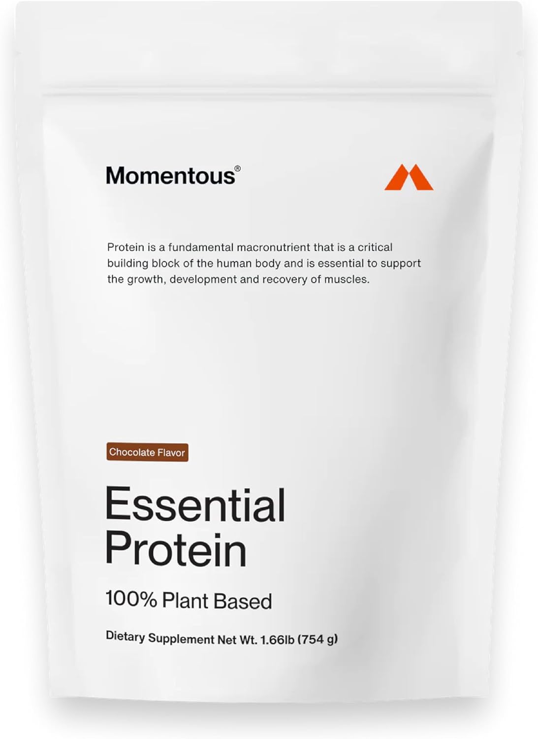 Momentous chocolate plant-based protein powder bag, featuring pea and rice protein, vegan and gluten-free.