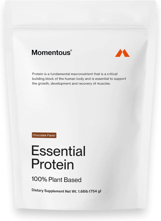 Momentous chocolate plant-based protein powder bag, featuring pea and rice protein, vegan and gluten-free.