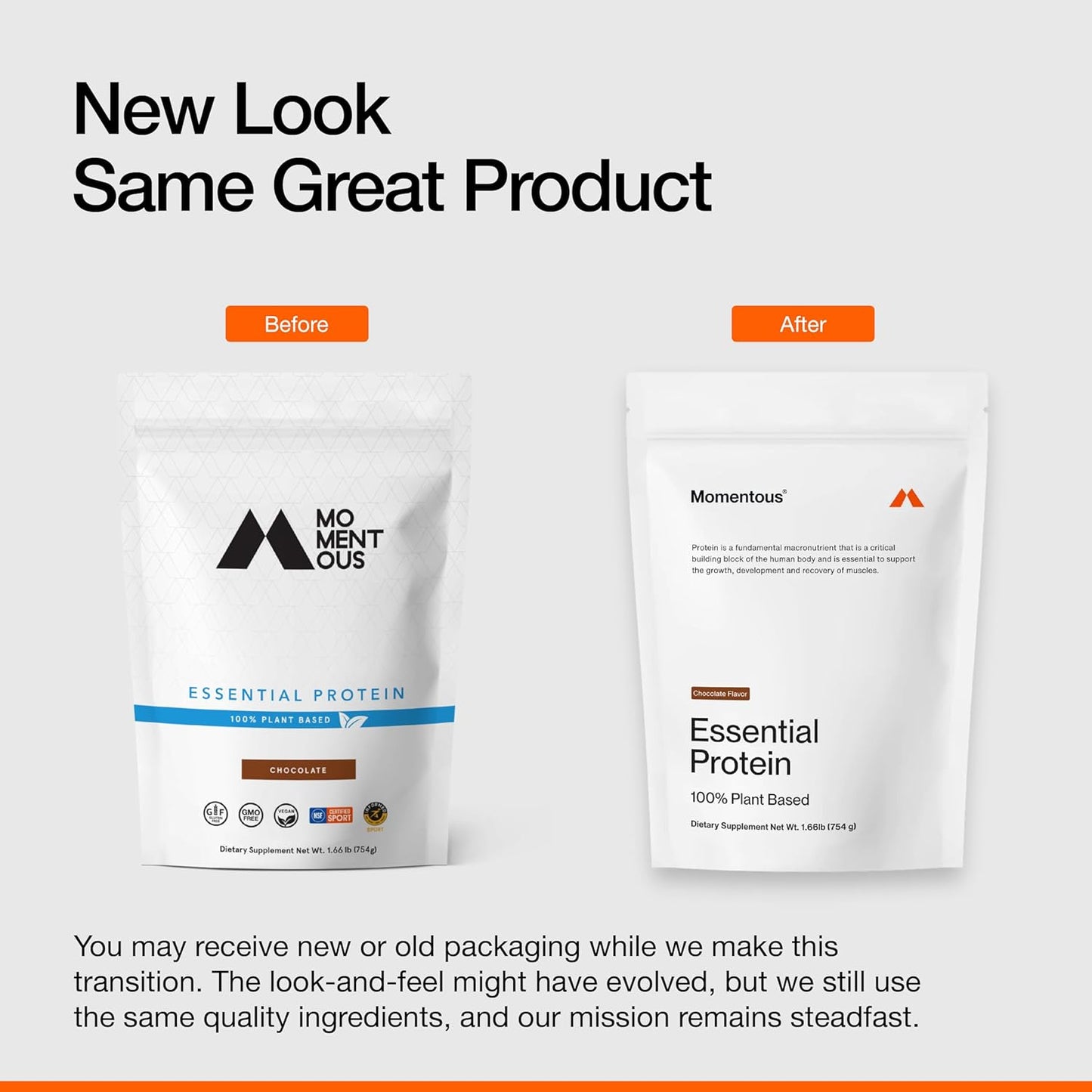 Momentous vegan chocolate pea and rice protein powder in a bag, gluten-free and NSF certified for all-day use.