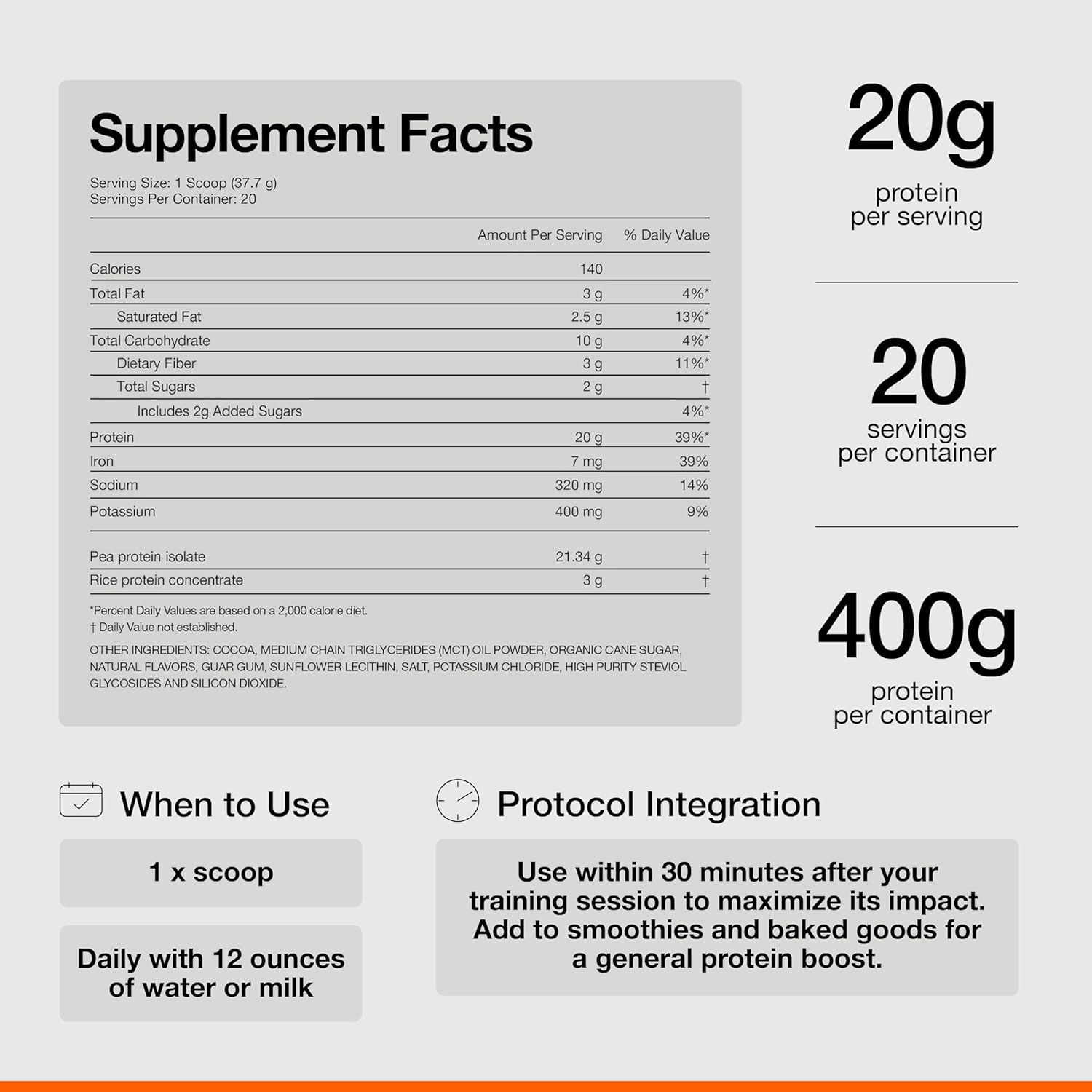 Momentous chocolate plant-based protein powder bag featuring pea and rice protein, vegan and gluten-free.