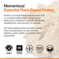Momentous chocolate plant-based protein powder bag, featuring vegan, gluten-free, and non-GMO labels for all-day use.